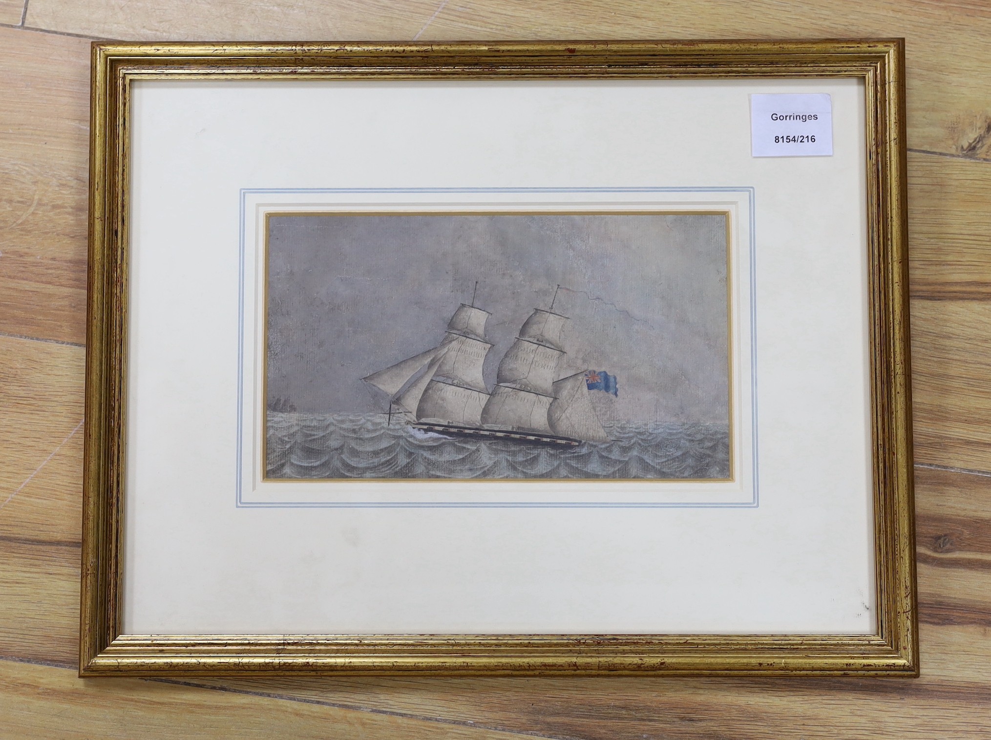 19th C. English School, watercolour, ‘Hired Brig. Fanny’, Fanny', title inscribed verso ‘Re.D.Munn Vol R.N. August 1804', with original labels verso, 13 x 23cm